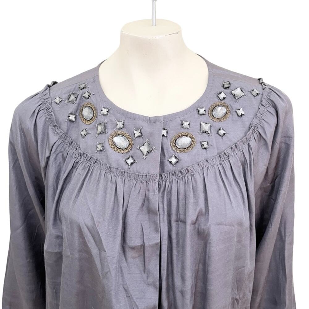 VICTOR COSTA Jewel Embellished Snap Front Formal Blouse in Pewter  SZ 1X